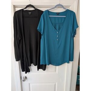 Torrid Plus Size 3 Black Ribbed Cardigan & Teal Harper Blouse lot of 2 office